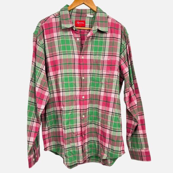 SUPREME Plaid Flannel Shirt FW22 Men's M Button Down Cotton Collared Pink Green - Picture 2 of 11